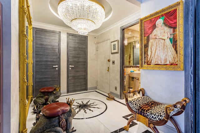 58 W 58th St Unit 30-E, New York City, NY 10019 - foyer entrance with a chandelier, crown molding, tile patterned floors, inlaid floor details, and a raised ceiling