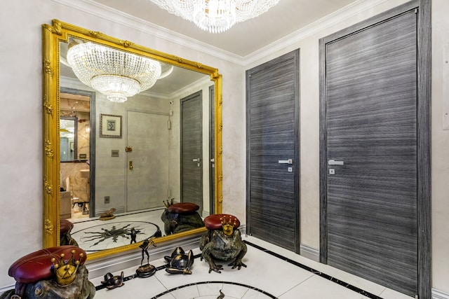 58 W 58th St Unit 30-E, New York City, NY 10019 - bathroom featuring a chandelier and ornamental molding