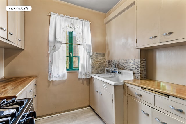 laundry area featuring light wood-type flooring and crown molding