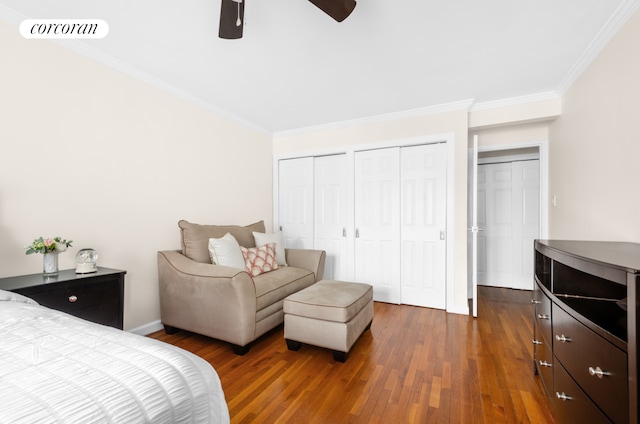 330 Lenox Rd Unit 6F, New York City, NY 11226 - bedroom featuring ornamental molding, hardwood / wood-style flooring, multiple closets, baseboards, and a ceiling fan