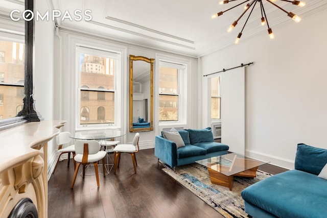 111 E 36th St Unit 4A, New York City, NY 10016 - sitting room featuring crown molding, plenty of natural light, dark wood-style floors, a chandelier, and baseboards