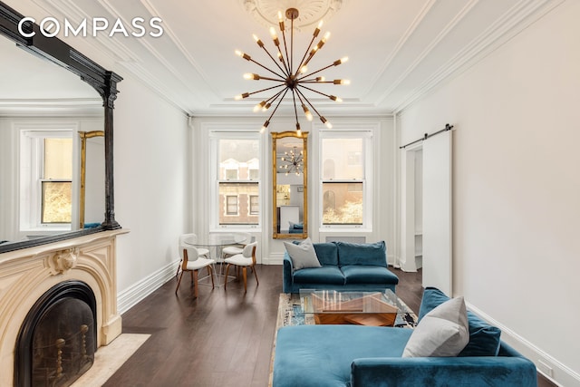 111 E 36th St Unit 4A, New York City, NY 10016 - living area with a chandelier, crown molding, dark wood finished floors, baseboards, and a tray ceiling