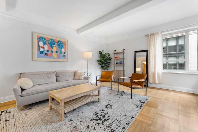 20 E 35th St Unit 9K, New York City, NY 10016 - living room featuring baseboards and beam ceiling