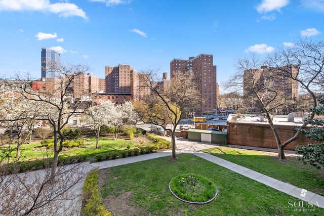 view of property's community with a lawn and a city view