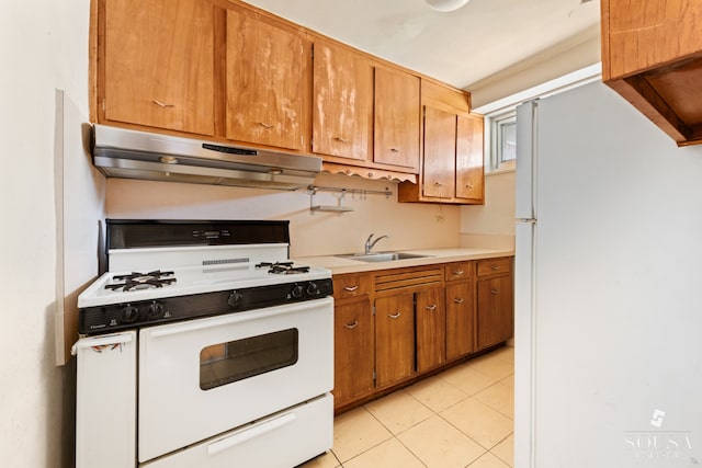 185 Park Row Unit 3F, New York City, NY 10038 - kitchen featuring white appliances, under cabinet range hood, light countertops, a sink, and brown cabinets