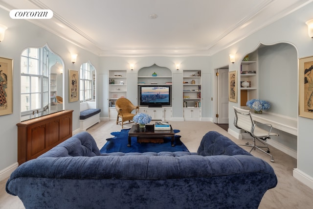 1 E End Ave Unit 8/9B, New York City, NY 10075 - living room featuring ornamental molding, built in shelves, light colored carpet, and baseboards