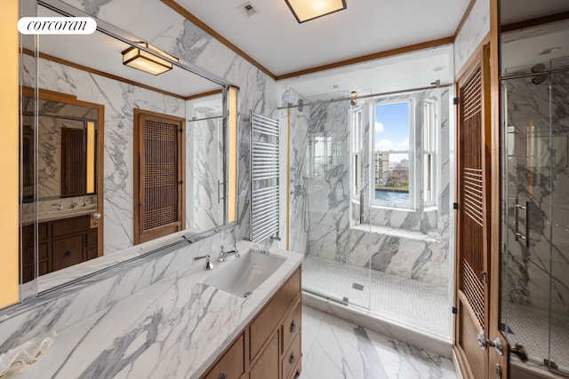 1 E End Ave Unit 8/9B, New York City, NY 10075 - full bath with marble tiled flooring, vanity, radiator heating unit, a marble finish shower, and ornamental molding