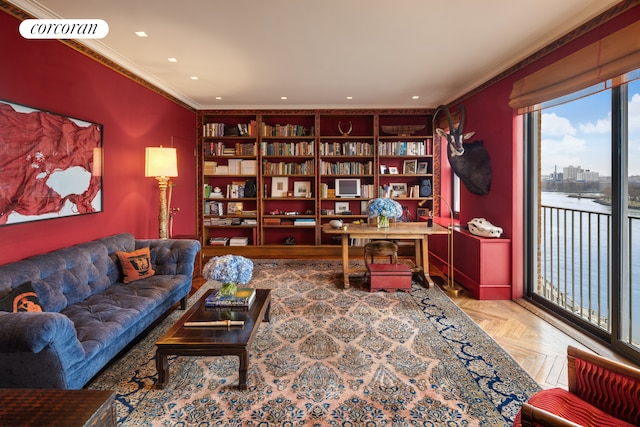 1 E End Ave Unit 8/9B, New York City, NY 10075 - home office featuring ornamental molding, built in features, and recessed lighting