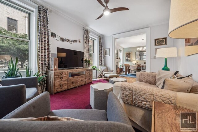 311 W 97th St Unit 3N, New York City, NY 10025 - carpeted living room featuring ornamental molding, a chandelier, and ceiling fan