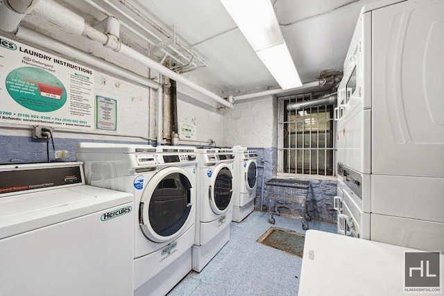 311 W 97th St Unit 3N, New York City, NY 10025 - communal laundry room featuring stacked washing machine and dryer, separate washer and dryer, and light floors