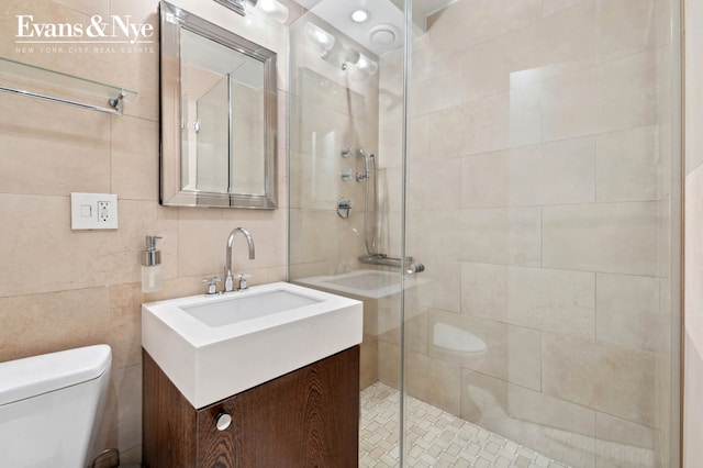 bathroom featuring vanity, a shower stall, and toilet