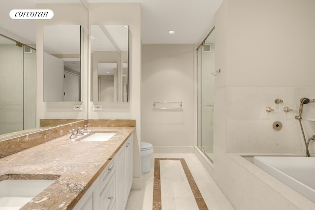 full bath featuring inlaid floor details, a shower with door, toilet, a tub to relax in, and double vanity