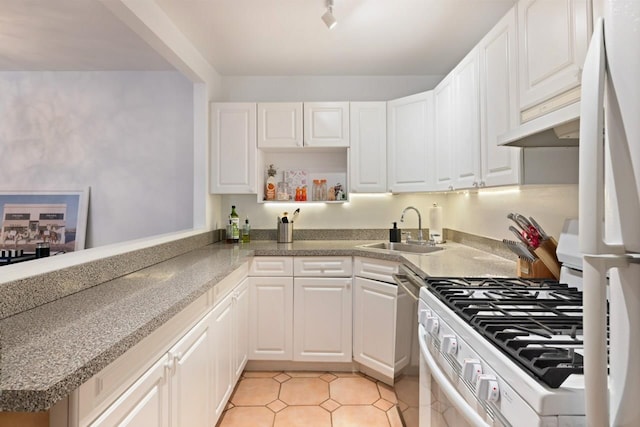 kitchen with white range with gas cooktop, a sink, stainless steel dishwasher, under cabinet range hood, and light tile patterned flooring