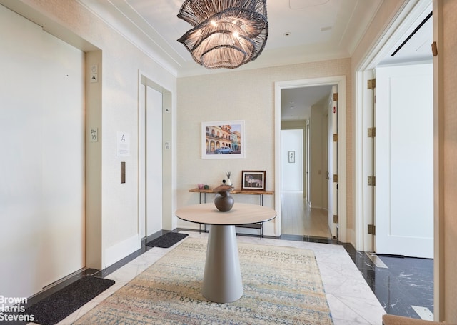 corridor with marble finish floors, crown molding, baseboards, and elevator