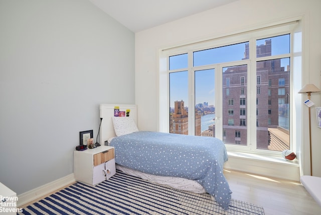 bedroom featuring a city view, wood finished floors, and baseboards