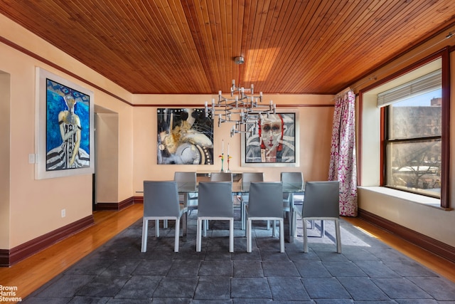 251 W 95th St Unit 2N, New York City, NY 10025 - dining room featuring wooden ceiling, a chandelier, baseboards, and wood finished floors