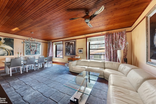 251 W 95th St Unit 2N, New York City, NY 10025 - living room featuring wooden ceiling, a ceiling fan, and stone finish floors