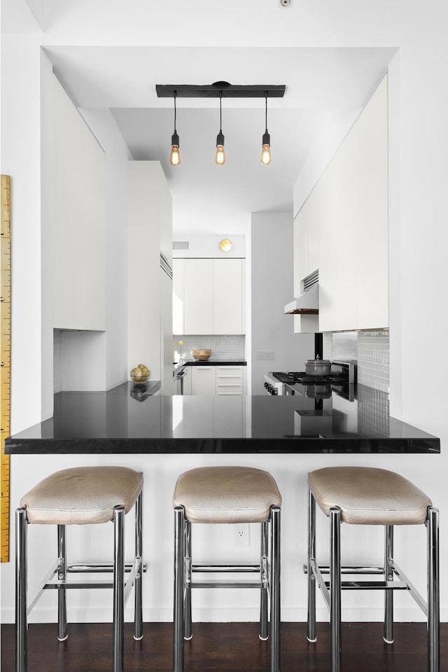 105 Norfolk St Unit Tower15, New York City, NY 10002 - kitchen featuring under cabinet range hood, white cabinetry, modern cabinets, a peninsula, and dark countertops