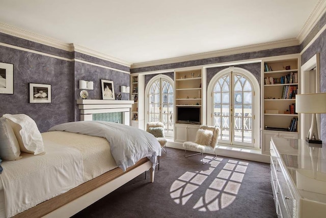bedroom featuring dark colored carpet, ornamental molding, and wallpapered walls