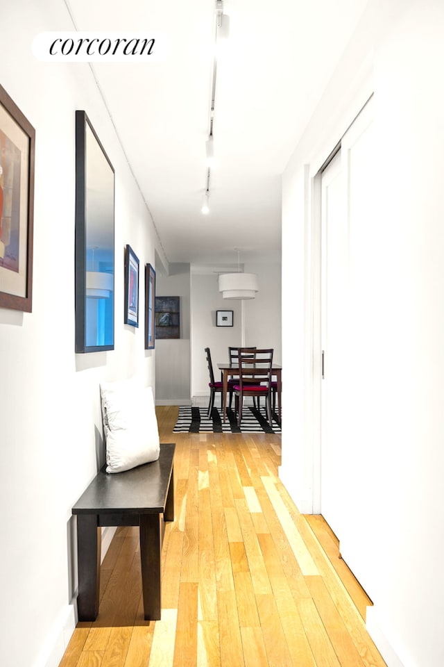 corridor featuring light wood-type flooring and track lighting