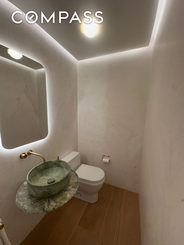 half bathroom featuring wood finished floors, toilet, and a sink