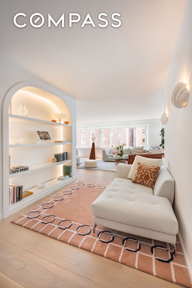living room with built in features