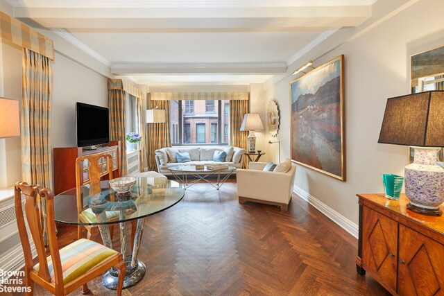 50 Park Ave Unit 5B, New York City, NY 10016 - living area featuring baseboards, crown molding, and beamed ceiling