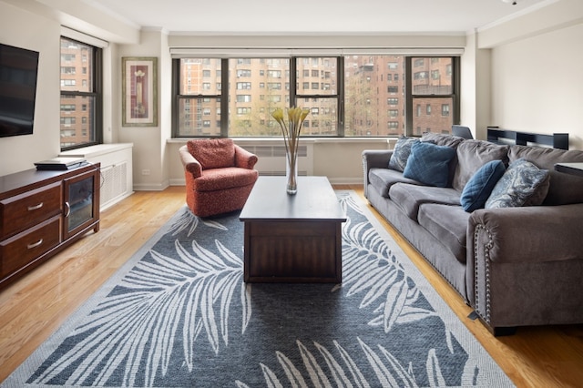 living room with crown molding, healthy amount of natural light, wood finished floors, baseboards, and radiator