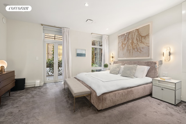 bedroom with carpet, access to outside, recessed lighting, and baseboards