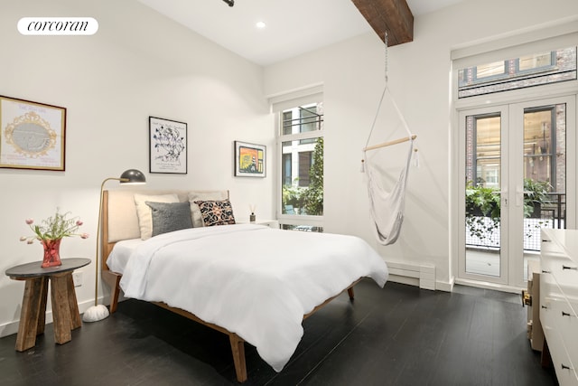 bedroom with access to outside, baseboards, dark wood-style floors, beamed ceiling, and recessed lighting