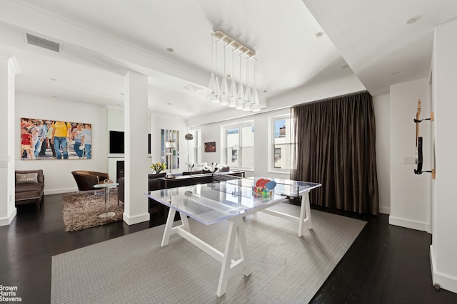 rec room with dark wood-style floors, baseboards, ornamental molding, a fireplace, and recessed lighting