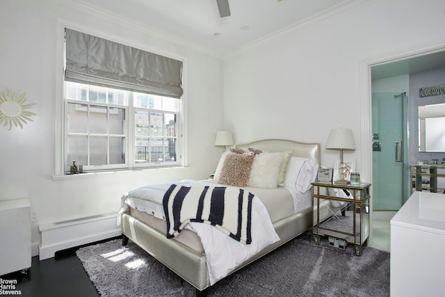 bedroom with ornamental molding and a ceiling fan