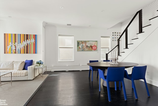 dining room with stairway, dark wood-type flooring, baseboards, and ornamental molding