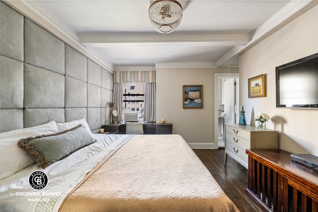bedroom featuring dark wood finished floors, beam ceiling, ornamental molding, and baseboards