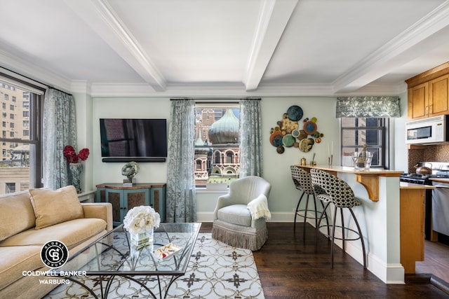 living area with wood finished floors, beamed ceiling, crown molding, and baseboards