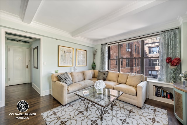 living room featuring beam ceiling, wood finished floors, ornamental molding, and baseboards