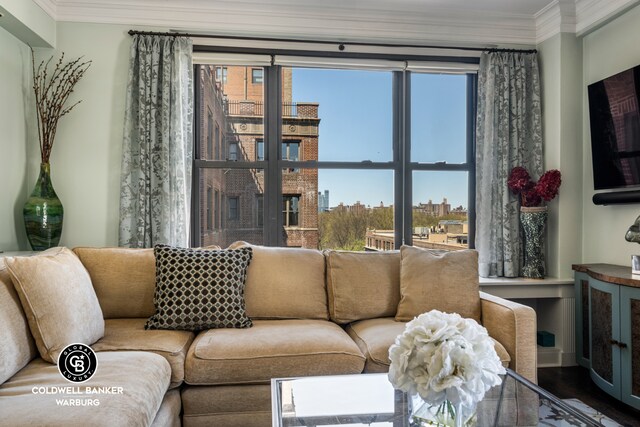 living room featuring ornamental molding, plenty of natural light, and wood finished floors