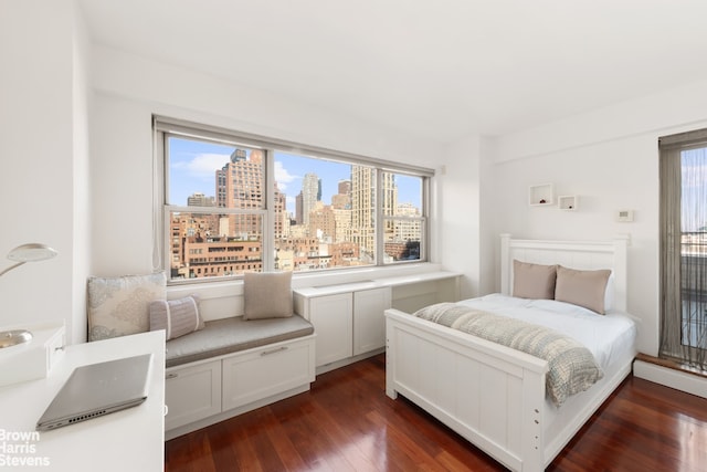 bedroom featuring multiple windows, a city view, and dark wood-type flooring