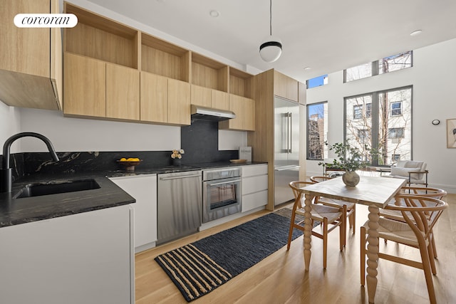 295 12th St Unit 2, New York City, NY 11215 - kitchen featuring appliances with stainless steel finishes, range hood, light wood-style floors, and modern cabinets