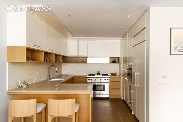 250 W 96th St Unit 11B, New York City, NY 10025 - kitchen featuring high quality appliances, a sink, open shelves, a peninsula, and backsplash