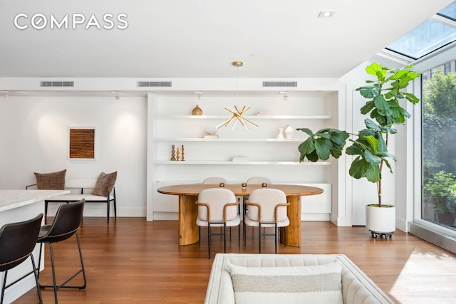 living area featuring wood finished floors and a skylight