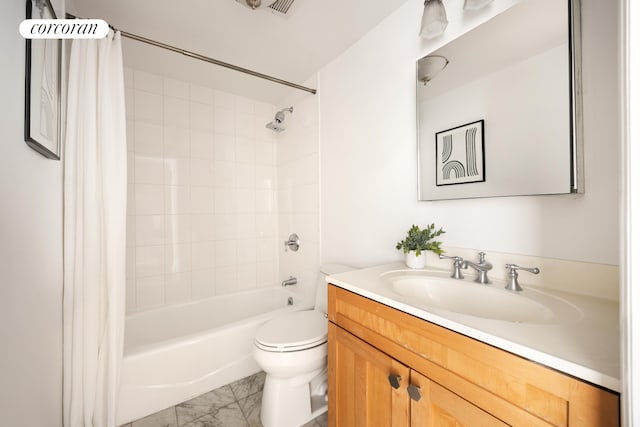 full bath with shower / tub combo, marble finish floor, toilet, and vanity