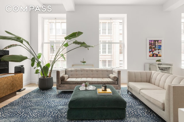 655 6th Ave Unit 5H, New York City, NY 10010 - living area with light wood-style flooring, beam ceiling, and baseboards