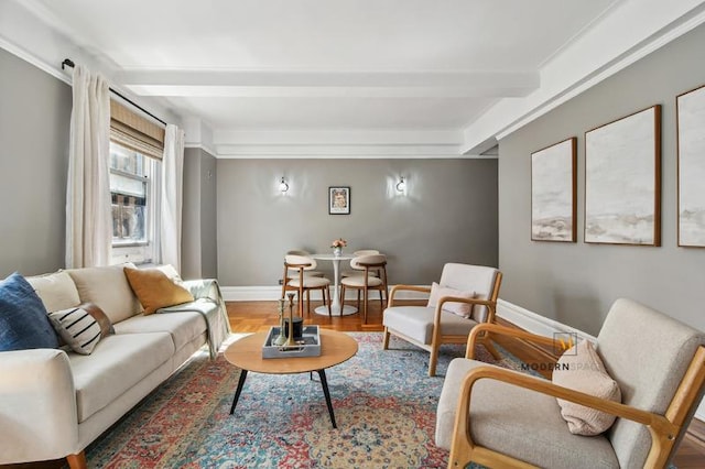 225 E 79th St Unit 8-B, New York City, NY 10075 - living room featuring beam ceiling and wood finished floors
