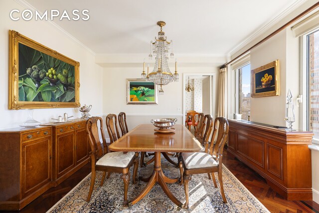 1049 5th Ave Unit 17A, New York City, NY 10028 - dining area with ornamental molding and a chandelier