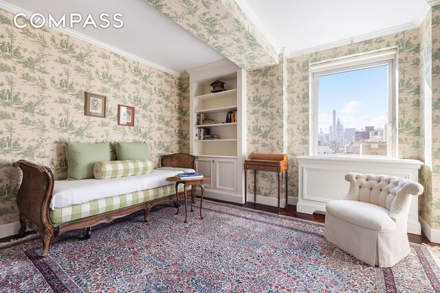 1049 5th Ave Unit 17A, New York City, NY 10028 - sitting room featuring a view of city, ornamental molding, wood finished floors, and wallpapered walls