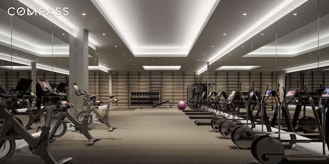 10 Nevins St Phb, Phb, New York City, NY 11217 - workout area featuring a tray ceiling and light carpet