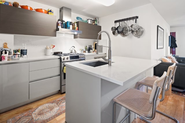 41 Wolcott Street House, New York City, NY 11231 - kitchen with stainless steel gas stove, light wood finished floors, a breakfast bar area, modern cabinets, and light countertops
