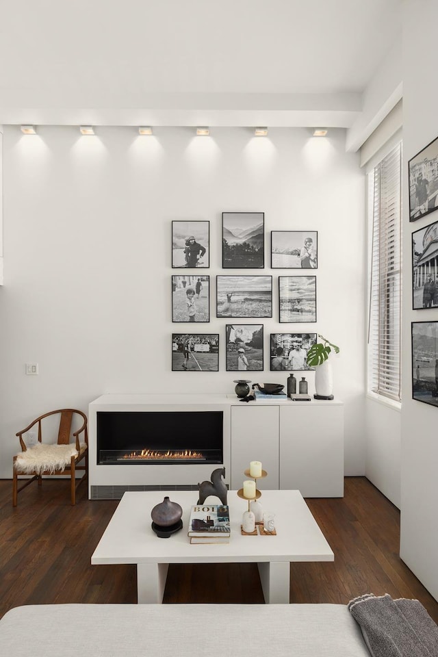 235 E 49th St Unit 1H, New York City, NY 10017 - living room with dark wood-style floors and a warm lit fireplace