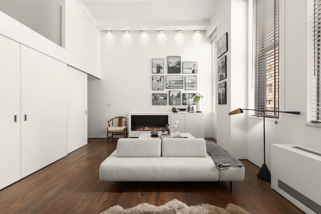 living area with dark wood-style flooring and radiator heating unit